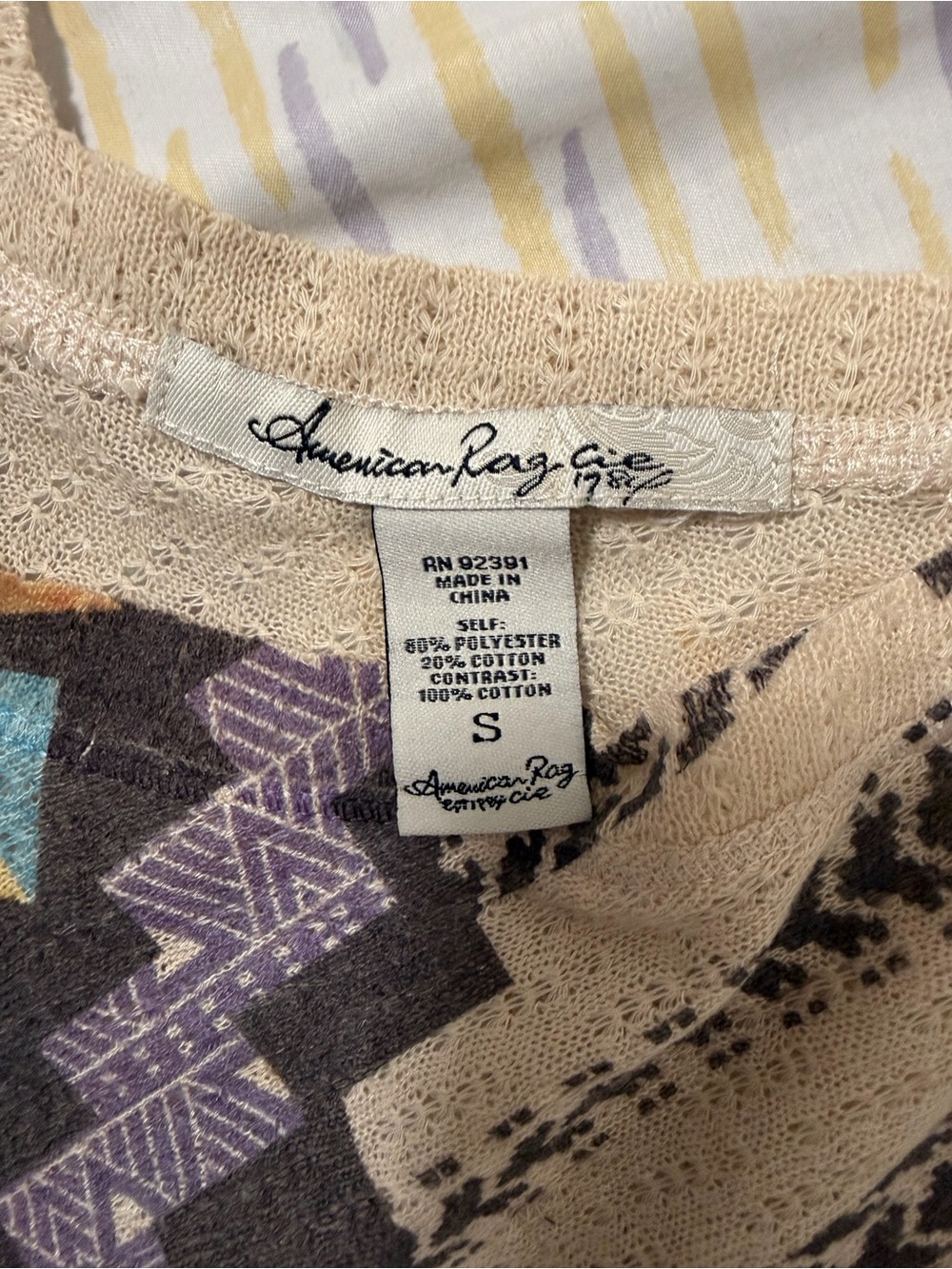 American Rag Cream Tunic with Purple Hem and Multicolor Aztec Front - Picture 3 of 3